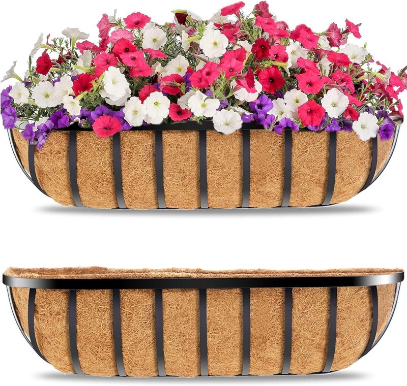 YM 30-Inch Window Planter Box 2Pcs Iron Deck Railing With Coco Liner, Metal Horse Troughs for Outdoor Balcony Rail Fence Porch Patio - Image 1